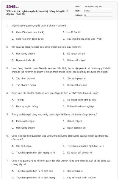 300+ câu trắc nghiệm quản trị dự án hệ thống thông tin có đáp án - Phần 10