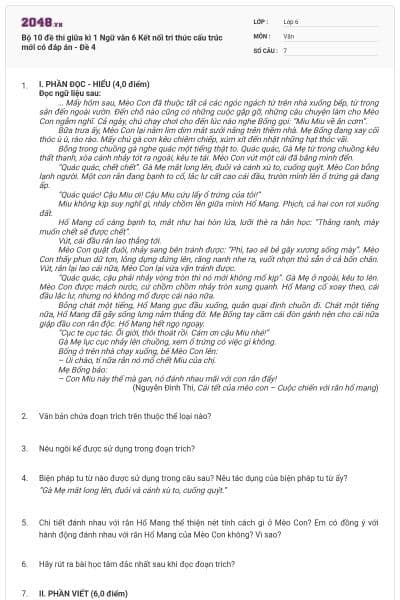 Bộ 10 đề thi giữa kì 1 Ngữ văn 6 Kết nối tri thức cấu trúc mới có đáp án - Đề 4