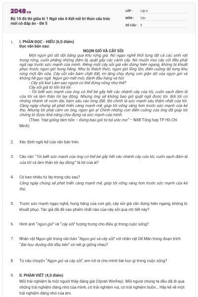 Bộ 10 đề thi giữa kì 1 Ngữ văn 6 Kết nối tri thức cấu trúc mới có đáp án - Đề 5