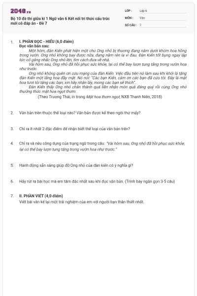 Bộ 10 đề thi giữa kì 1 Ngữ văn 6 Kết nối tri thức cấu trúc mới có đáp án - Đề 7