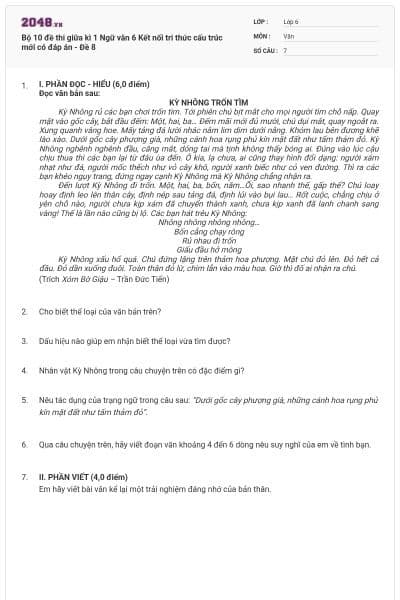 Bộ 10 đề thi giữa kì 1 Ngữ văn 6 Kết nối tri thức cấu trúc mới có đáp án - Đề 8