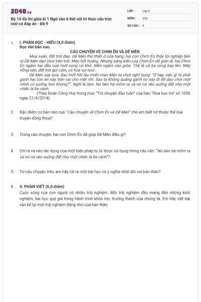 Bộ 10 đề thi giữa kì 1 Ngữ văn 6 Kết nối tri thức cấu trúc mới có đáp án - Đề 9