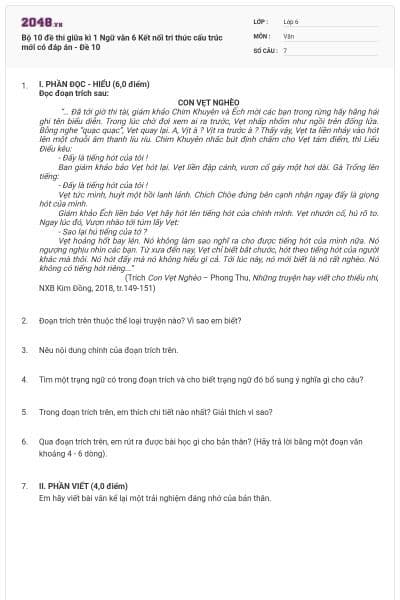 Bộ 10 đề thi giữa kì 1 Ngữ văn 6 Kết nối tri thức cấu trúc mới có đáp án - Đề 10