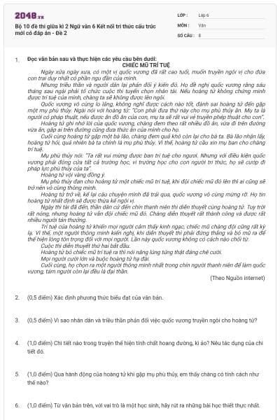 Bộ 10 đề thi giữa kì 2 Ngữ văn 6 Kết nối tri thức cấu trúc mới có đáp án - Đề 2