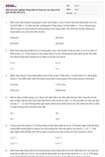 500 Câu trắc nghiệm Sóng điện từ chọn lọc cực hay có lời giải chi tiết (đề số 5)