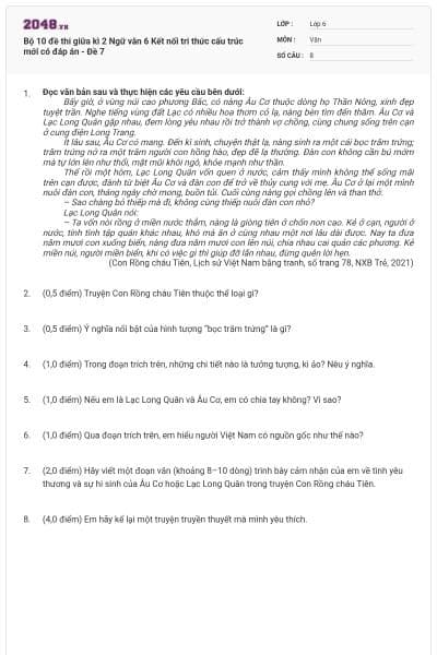 Bộ 10 đề thi giữa kì 2 Ngữ văn 6 Kết nối tri thức cấu trúc mới có đáp án - Đề 7