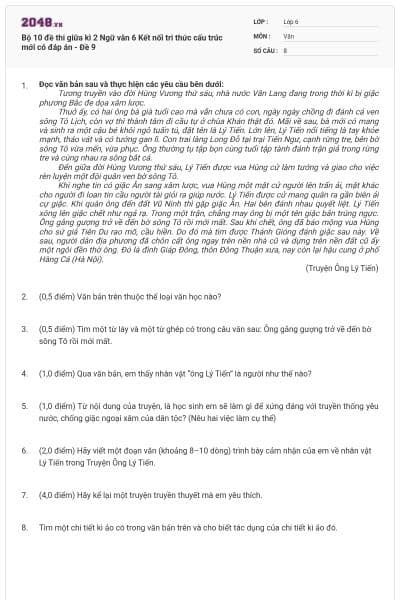 Bộ 10 đề thi giữa kì 2 Ngữ văn 6 Kết nối tri thức cấu trúc mới có đáp án - Đề 9