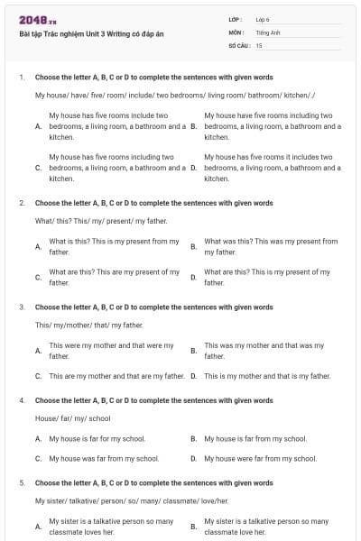 Bài tập Trắc nghiệm Unit 3 Writing có đáp án