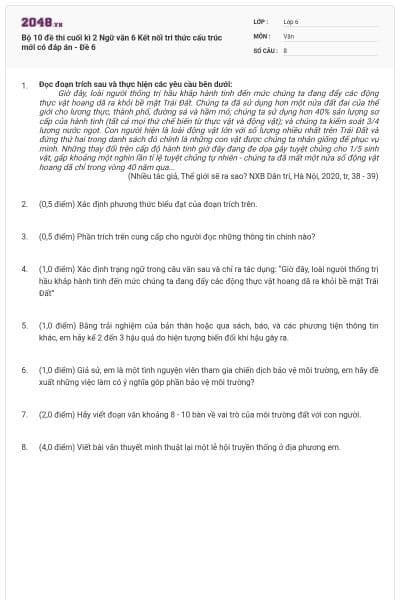 Bộ 10 đề thi cuối kì 2 Ngữ văn 6 Kết nối tri thức cấu trúc mới có đáp án - Đề 6