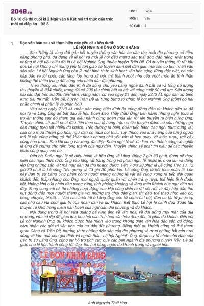 Bộ 10 đề thi cuối kì 2 Ngữ văn 6 Kết nối tri thức cấu trúc mới có đáp án - Đề 8