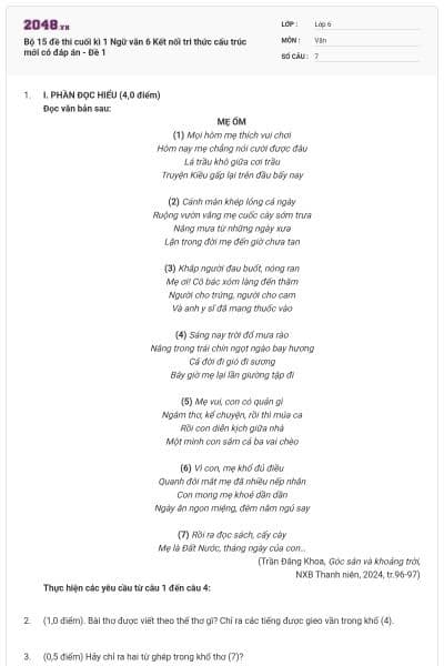 Bộ 15 đề thi cuối kì 1 Ngữ văn 6 Kết nối tri thức cấu trúc mới có đáp án - Đề 1