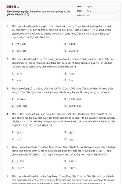 500 Câu trắc nghiệm Sóng điện từ chọn lọc cực hay có lời giải chi tiết (đề số 5)