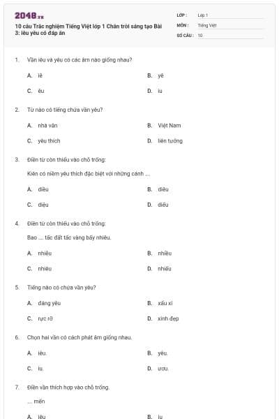 10 câu Trắc nghiệm Tiếng Việt lớp 1 Chân trời sáng tạo Bài 3: iêu yêu có đáp án