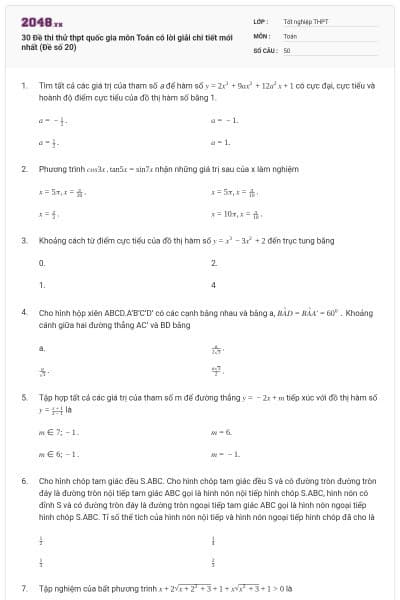 30 Đề thi thử thpt quốc gia môn Toán có lời giải chi tiết mới nhất (Đề số 20)
