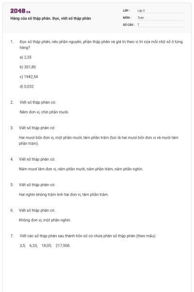 Hàng của số thập phân. Đọc, viết số thập phân