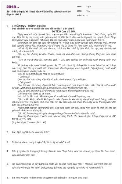 Bộ 10 đề thi giữa kì 1 Ngữ văn 6 Cánh diều cấu trúc mới có đáp án - Đề 1