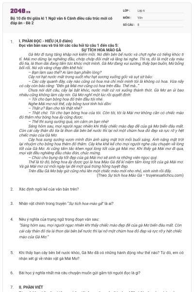 Bộ 10 đề thi giữa kì 1 Ngữ văn 6 Cánh diều cấu trúc mới có đáp án - Đề 2