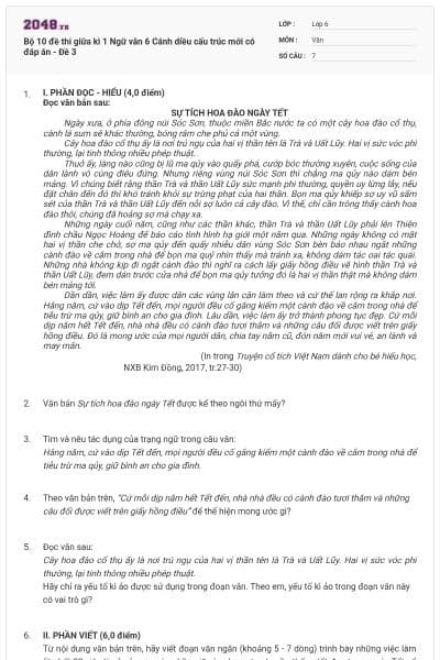 Bộ 10 đề thi giữa kì 1 Ngữ văn 6 Cánh diều cấu trúc mới có đáp án - Đề 3