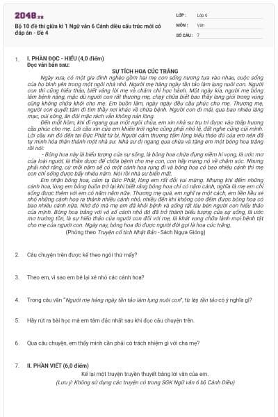 Bộ 10 đề thi giữa kì 1 Ngữ văn 6 Cánh diều cấu trúc mới có đáp án - Đề 4