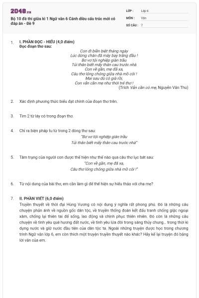 Bộ 10 đề thi giữa kì 1 Ngữ văn 6 Cánh diều cấu trúc mới có đáp án - Đề 9