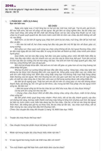 Bộ 10 đề thi giữa kì 1 Ngữ văn 6 Cánh diều cấu trúc mới có đáp án - Đề 10