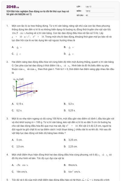 524 Bài trắc nghiệm Dao động cơ từ đề thi thử cực hay có lời giải chi tiết(Đề số 1)