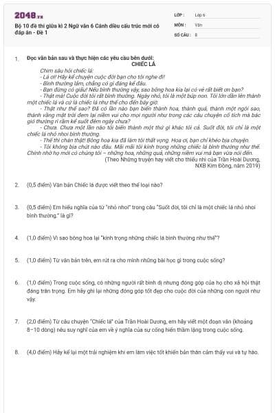 Bộ 10 đề thi giữa kì 2 Ngữ văn 6 Cánh diều cấu trúc mới có đáp án - Đề 1