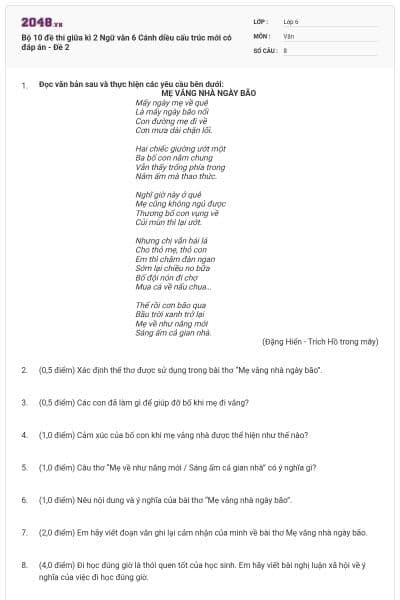 Bộ 10 đề thi giữa kì 2 Ngữ văn 6 Cánh diều cấu trúc mới có đáp án - Đề 2