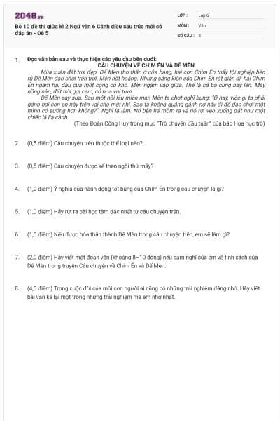 Bộ 10 đề thi giữa kì 2 Ngữ văn 6 Cánh diều cấu trúc mới có đáp án - Đề 5