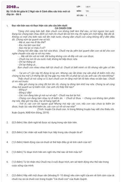 Bộ 10 đề thi giữa kì 2 Ngữ văn 6 Cánh diều cấu trúc mới có đáp án - Đề 6