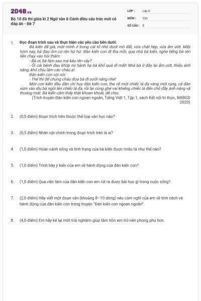 Bộ 10 đề thi giữa kì 2 Ngữ văn 6 Cánh diều cấu trúc mới có đáp án - Đề 7