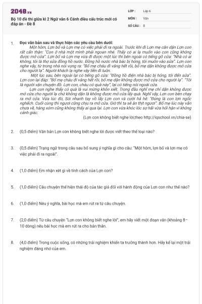 Bộ 10 đề thi giữa kì 2 Ngữ văn 6 Cánh diều cấu trúc mới có đáp án - Đề 8