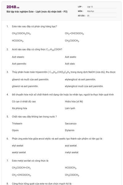 Bài tập trắc nghiệm Este - Lipit (mức độ nhận biết - P3)