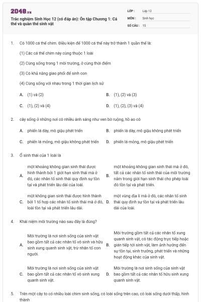 Trắc nghiệm Sinh Học 12 (có đáp án): Ôn tập Chương 1: Cá thể và quần thể sinh vật