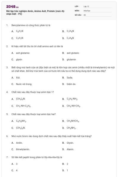 Bài tập trắc nghiệm Amin, Amino Axit, Protein (mức độ nhận biết - P3)
