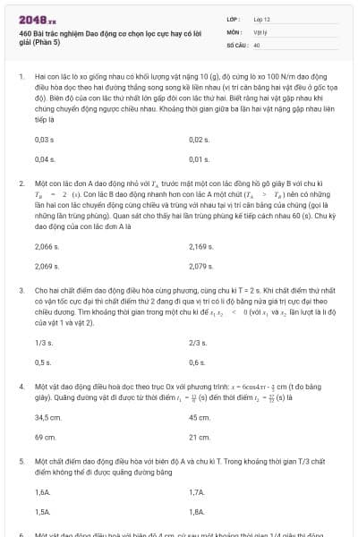 460 Bài trắc nghiệm Dao động cơ chọn lọc cực hay có lời giải (Phần 5)