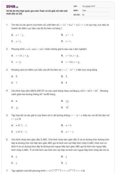 30 Đề thi thử thpt quốc gia môn Toán có lời giải chi tiết mới nhất (Đề số 20)