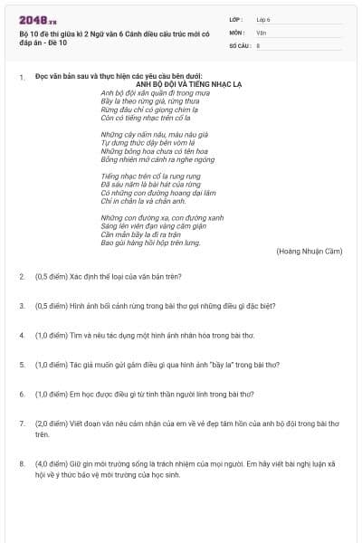Bộ 10 đề thi giữa kì 2 Ngữ văn 6 Cánh diều cấu trúc mới có đáp án - Đề 10