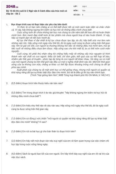 Bộ 10 đề thi cuối kì 2 Ngữ văn 6 Cánh diều cấu trúc mới có đáp án - Đề 2