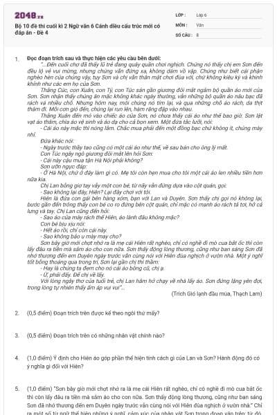 Bộ 10 đề thi cuối kì 2 Ngữ văn 6 Cánh diều cấu trúc mới có đáp án - Đề 4