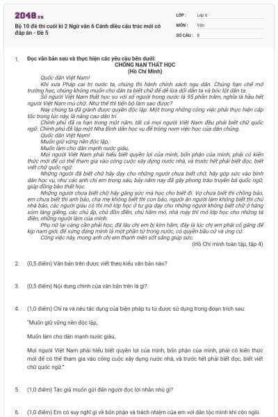 Bộ 10 đề thi cuối kì 2 Ngữ văn 6 Cánh diều cấu trúc mới có đáp án - Đề 5