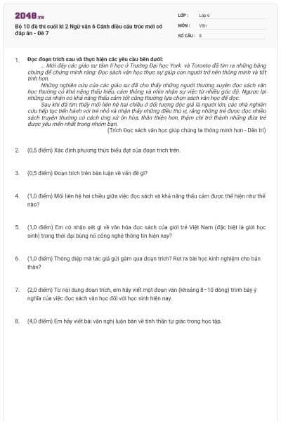 Bộ 10 đề thi cuối kì 2 Ngữ văn 6 Cánh diều cấu trúc mới có đáp án - Đề 7