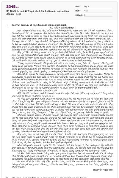 Bộ 10 đề thi cuối kì 2 Ngữ văn 6 Cánh diều cấu trúc mới có đáp án - Đề 8