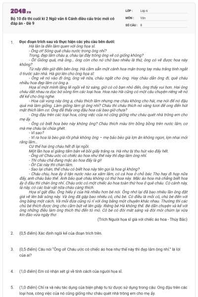 Bộ 10 đề thi cuối kì 2 Ngữ văn 6 Cánh diều cấu trúc mới có đáp án - Đề 9