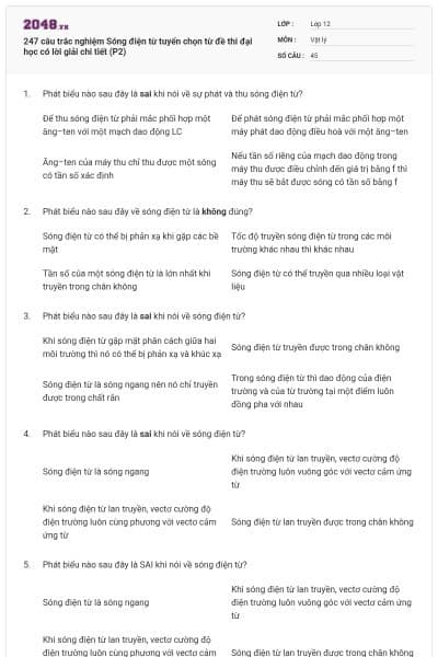 247 câu trắc nghiệm Sóng điện từ tuyển chọn từ đề thi đại học có lời giải chi tiết (P2)