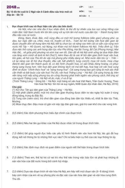 Bộ 10 đề thi cuối kì 2 Ngữ văn 6 Cánh diều cấu trúc mới có đáp án - Đề 10