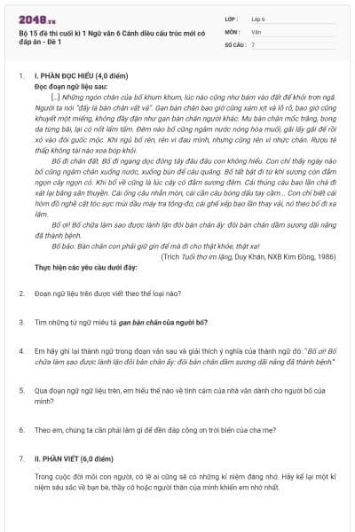 Bộ 15 đề thi cuối kì 1 Ngữ văn 6 Cánh diều cấu trúc mới có đáp án - Đề 1