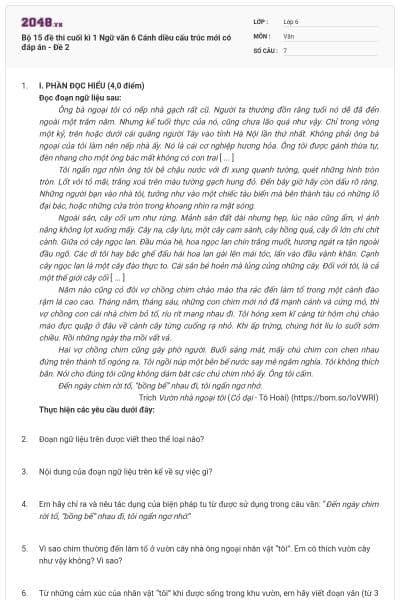 Bộ 15 đề thi cuối kì 1 Ngữ văn 6 Cánh diều cấu trúc mới có đáp án - Đề 2