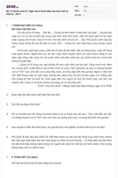Bộ 15 đề thi cuối kì 1 Ngữ văn 6 Cánh diều cấu trúc mới có đáp án - Đề 3