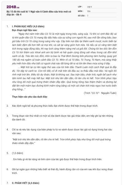 Bộ 15 đề thi cuối kì 1 Ngữ văn 6 Cánh diều cấu trúc mới có đáp án - Đề 4